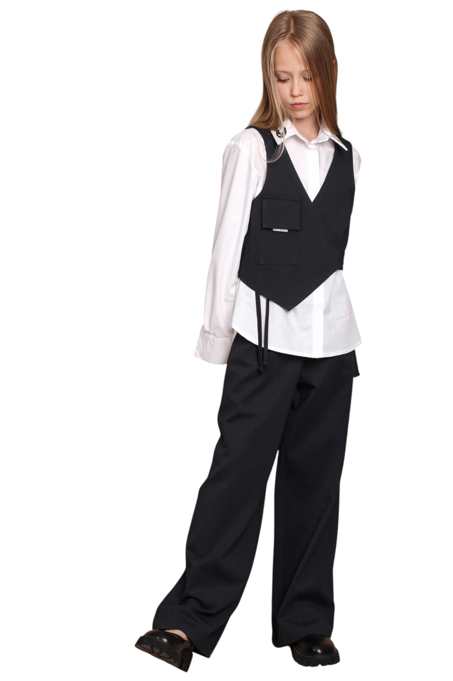 Брюки дев. АРТ.Palazzo,чер,вис-нейл-лайкра